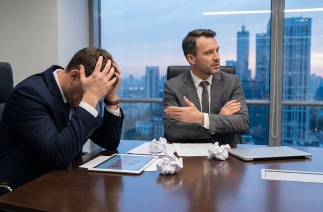Business partners in conflict at office table showing failed negotiations, contract dispute, workplace stress, and breakdown of partnership with visible frustration and disagreement