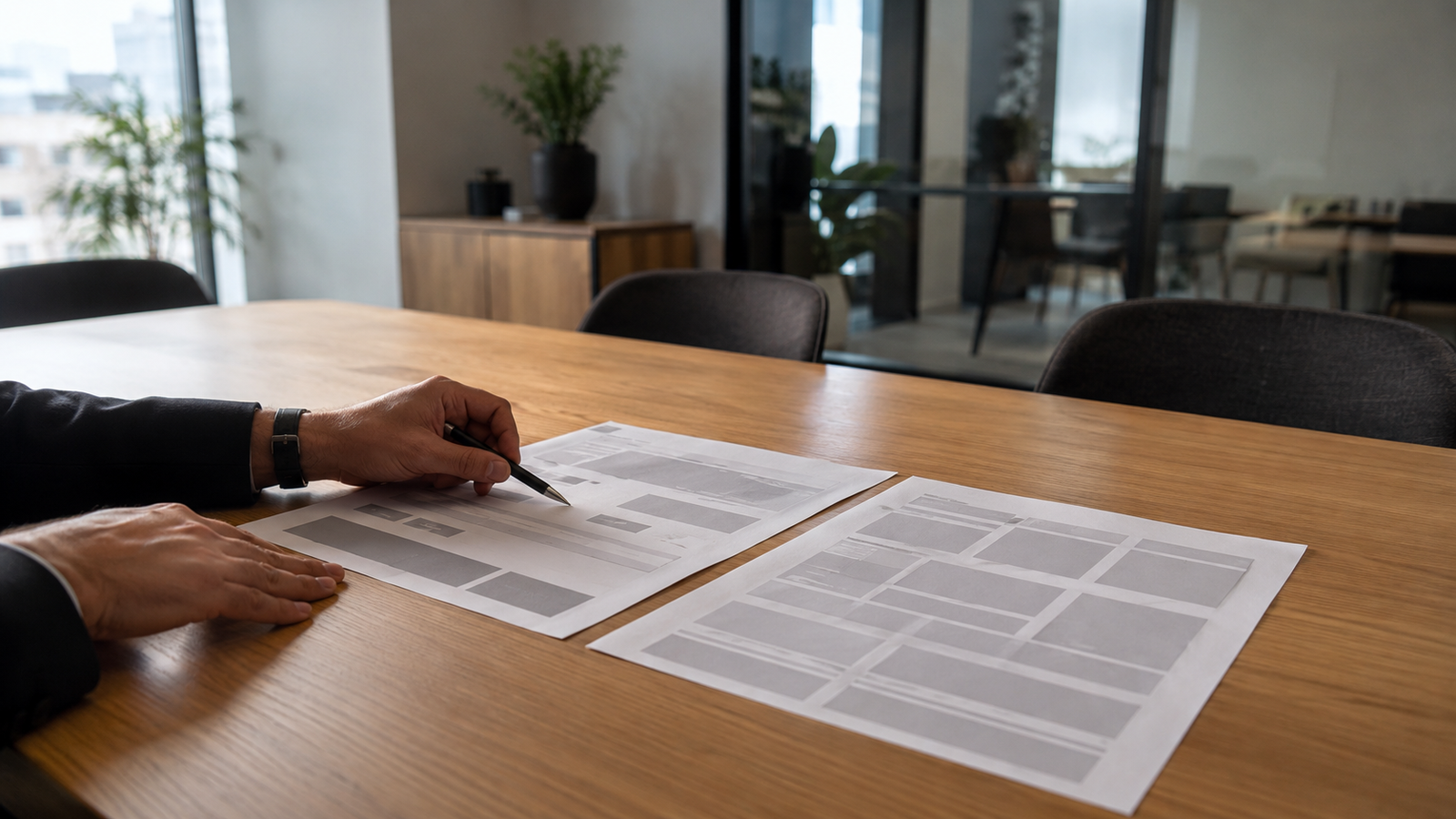 A realistic corporate workspace with an open strategy blueprint document on a modern table under natural light