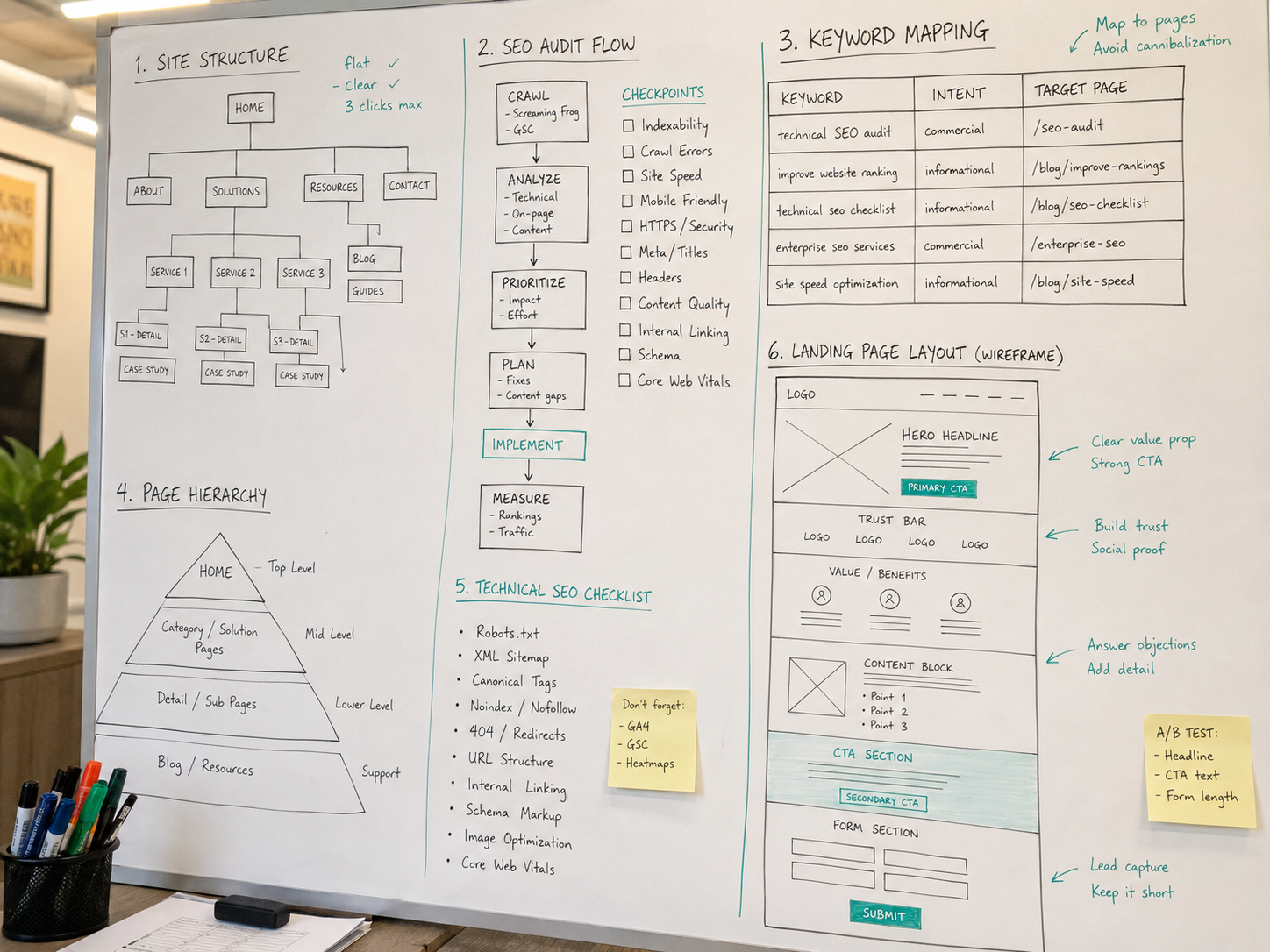 Workflow blueprint displaying technical SEO updates and optimized paid search funnel structures